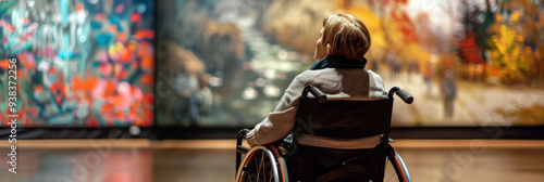 Woman in a wheelchair visiting the museum. Back view. Disability person in art gallery. Employment, inclusion, Disability Rights, Inclusivity, Accessibility concept. World Disability day photo