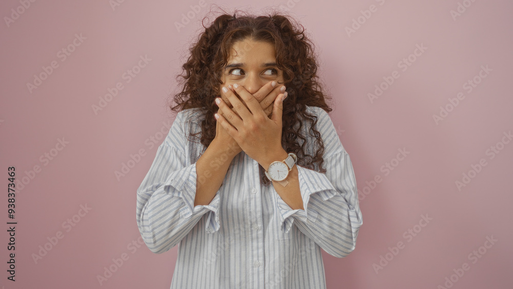 Young woman with brunette hair looks surprised while covering her mouth over a pink background wall Young woman with brunette hair looks surprised while covering her mouth over a pink background wall