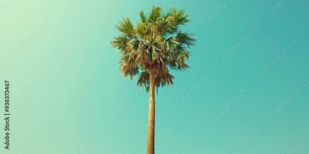 Obraz premium Tall palm tree against a bright blue sky in a sunny environment during the afternoon