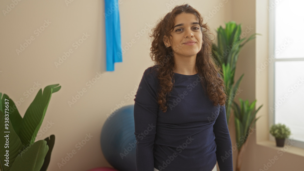 Young, attractive, hispanic, woman in a gymnasium, smiling indoors near plants and exercise equipment in a well-lit room Young, attractive, hispanic, woman in a gymnasium, smiling indoors near plants and exercise equipment in a well-lit room