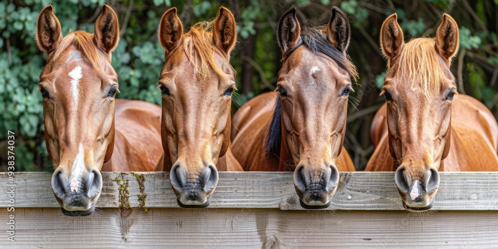 Horses standing together along a rustic fence in rural northeastern Iceland during early morning Horses standing together along a rustic fence in rural northeastern Iceland during early morning
