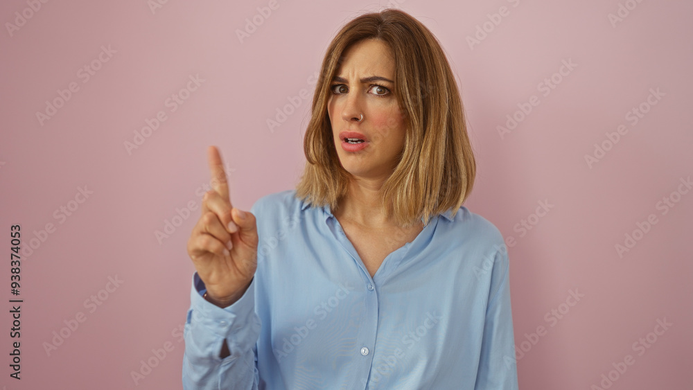 Young woman with blonde hair in a blue shirt pointing her finger and looking surprised over isolated pink background Young woman with blonde hair in a blue shirt pointing her finger and looking surprised over isolated pink background