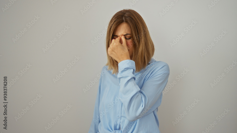 Blonde woman in blue shirt isolated over white background showing sign of stress with hand on forehead Blonde woman in blue shirt isolated over white background showing sign of stress with hand on forehead