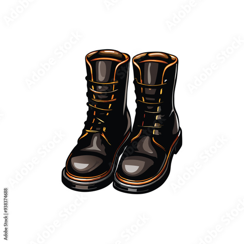 A pair of black leather boots with orange stitching and laces, drawn in a realistic style.