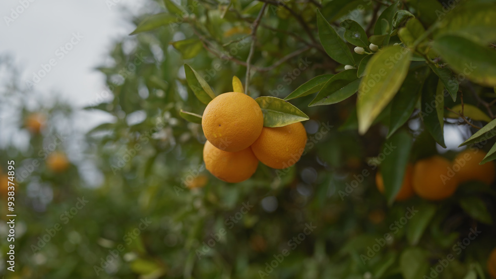 Ripe oranges hanging on a citrus tree with lush green leaves in a grove Ripe oranges hanging on a citrus tree with lush green leaves in a grove