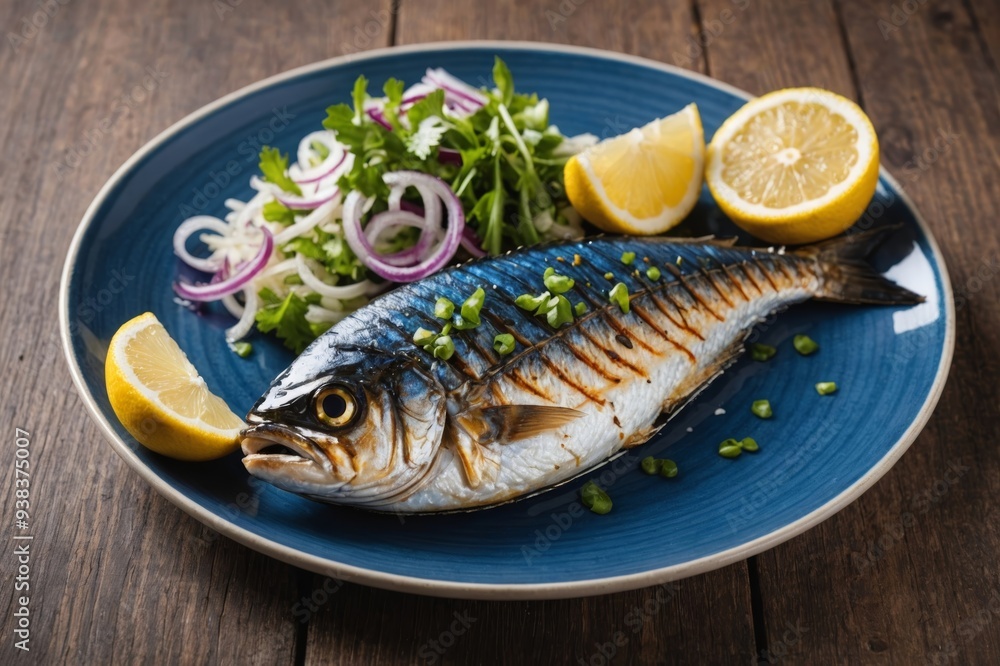 Grilled mackerel fillet on a plate with lemon and blue onion Grilled mackerel fillet on a plate with lemon and blue onion