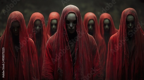 Religious Sect In Red Mystical Clothing And Masks.  Illustration On The Theme Of Mysticism And Religion, Sects And Cinema, Fantasy And Fear. Generative AI	
 photo