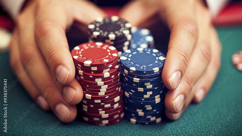 man's hands holding a stack of colorful poker chips at a casino table. The image conveys tension, strategy, and the thrill of gambling and risk-taking man's hands holding a stack of colorful poker chips at a casino table. The image conveys tension, strategy, and the thrill of gambling and risk-taking