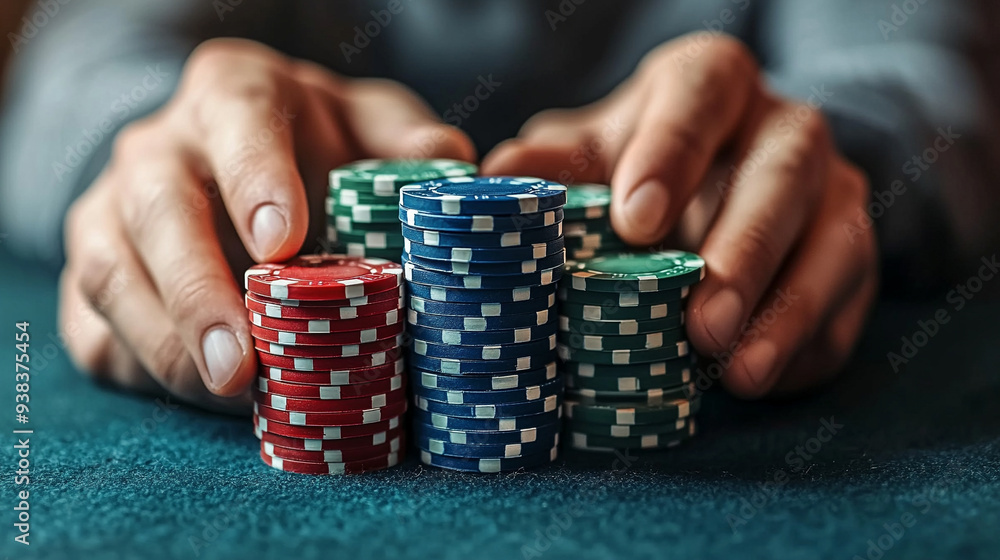 man's hands holding a stack of colorful poker chips at a casino table. The image conveys tension, strategy, and the thrill of gambling and risk-taking man's hands holding a stack of colorful poker chips at a casino table. The image conveys tension, strategy, and the thrill of gambling and risk-taking