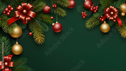 Design a Christmas-themed banner with hanging golden ornaments, pine cones, gift boxes, and lush green pine needles against a dark green backdrop, giving a sense of holiday cheer.