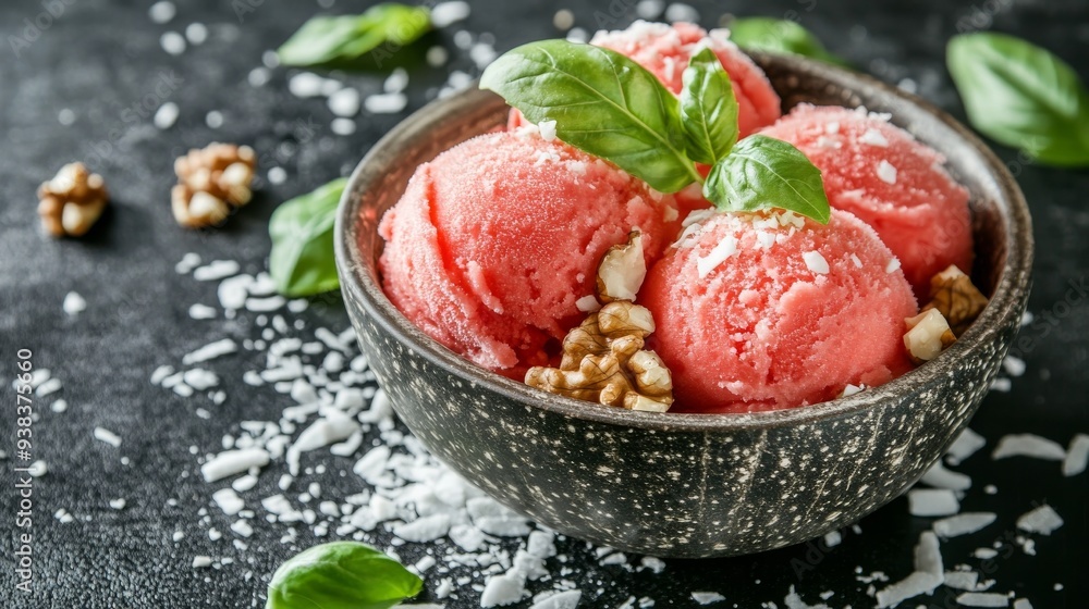 Watermelon sorbet w/ coconut, walnuts, basil. Watermelon sorbet w/ coconut, walnuts, basil.