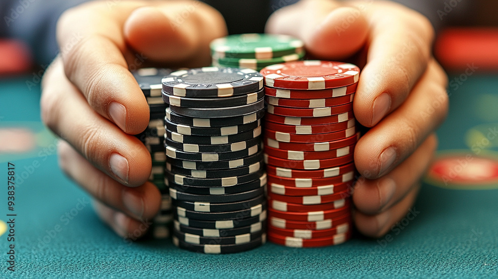 man's hands holding a stack of colorful poker chips at a casino table. The image conveys tension, strategy, and the thrill of gambling and risk-taking man's hands holding a stack of colorful poker chips at a casino table. The image conveys tension, strategy, and the thrill of gambling and risk-taking