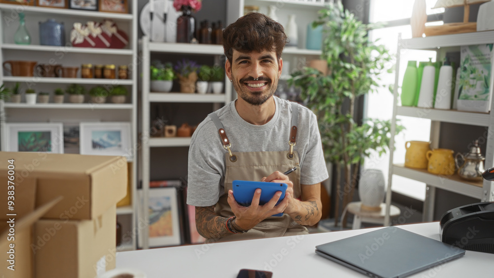 Young man with beard smiling while holding a tablet in a home decor store, surrounded by plants and various decorative items on shelves, suggesting a friendly shop atmosphere Young man with beard smiling while holding a tablet in a home decor store, surrounded by plants and various decorative items on shelves, suggesting a friendly shop atmosphere