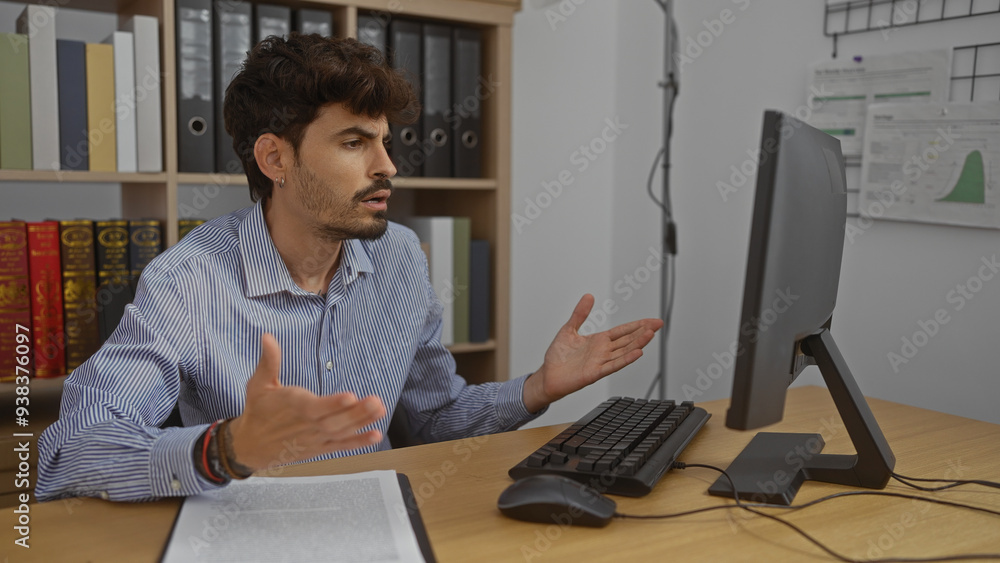 Young man with beard working in an office, expressing frustration at his computer, surrounded by shelves and documents, indoors during daytime. Young man with beard working in an office, expressing frustration at his computer, surrounded by shelves and documents, indoors during daytime.