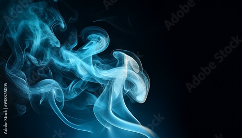 Vibrant azure fumes swirl on dark backdrop emitting fragrant smoke.