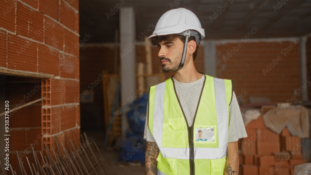 Young hispanic man wearing a helmet and safety vest at a construction site inside a partially built house Young hispanic man wearing a helmet and safety vest at a construction site inside a partially built house