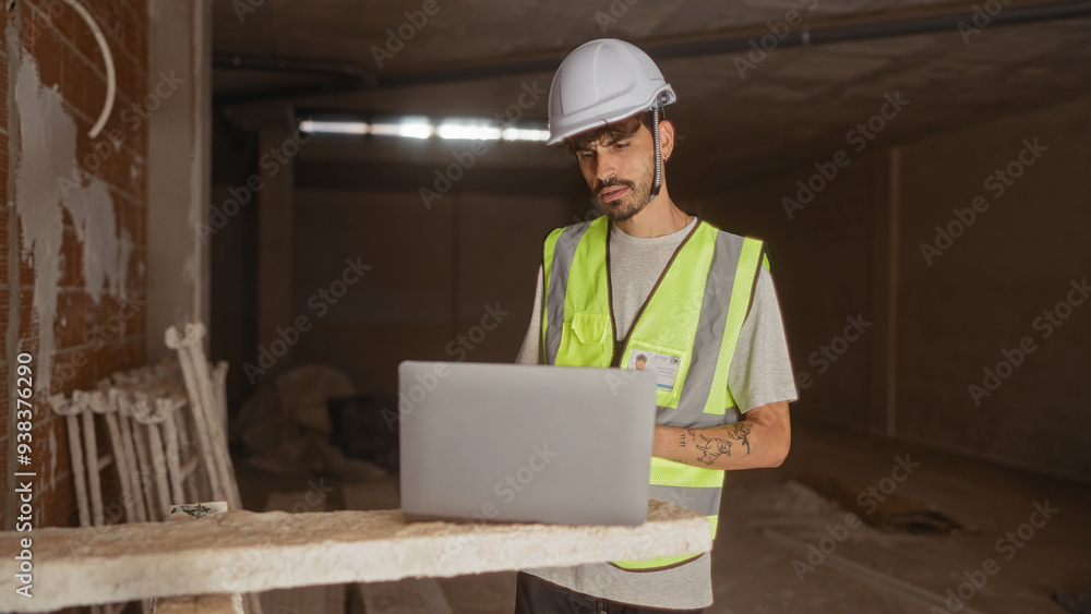Young hispanic man at a construction site wearing safety gear and using a laptop with a focused expression Young hispanic man at a construction site wearing safety gear and using a laptop with a focused expression