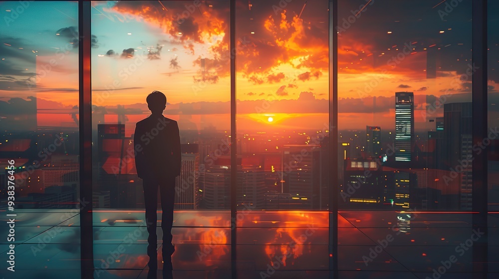 Silhouette of a Man Looking at the City Sunset Silhouette of a Man Looking at the City Sunset