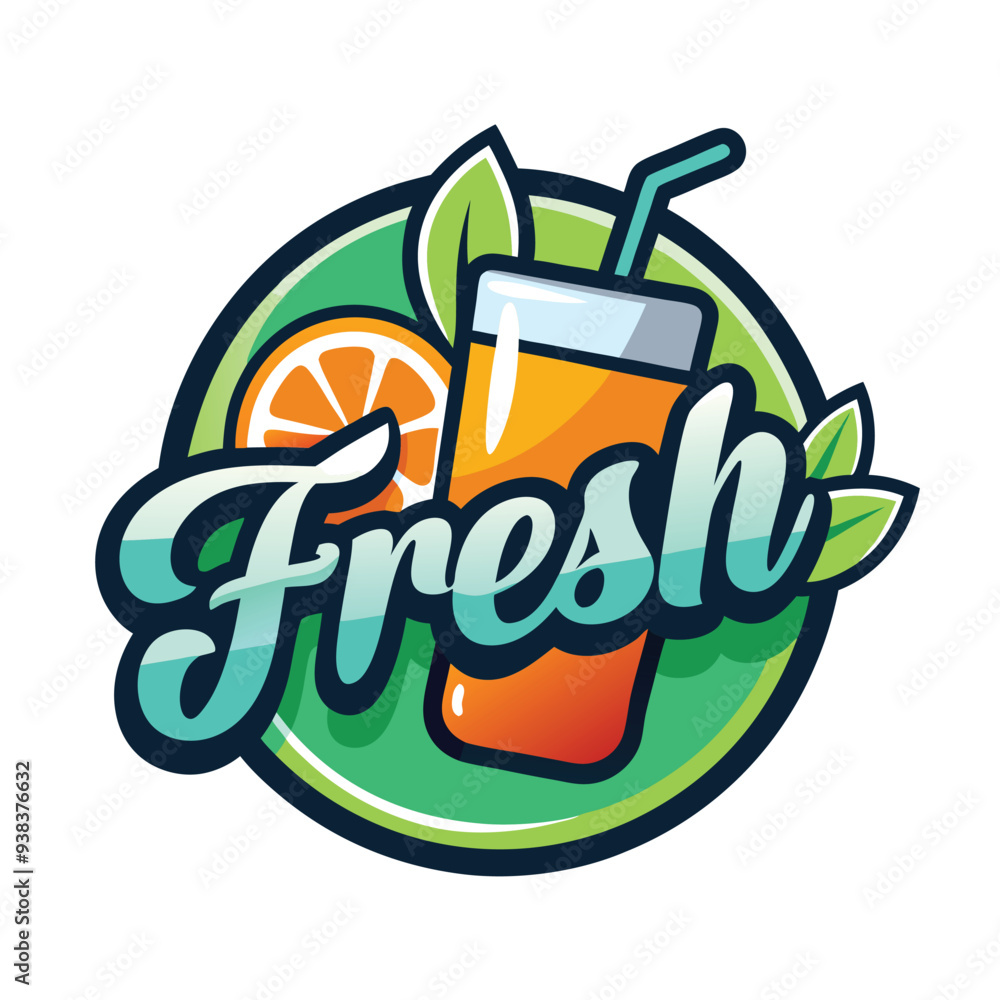 Naklejka premium Vector logo with calligraphic inscription Fresh juice with green leaves and drops on black background
