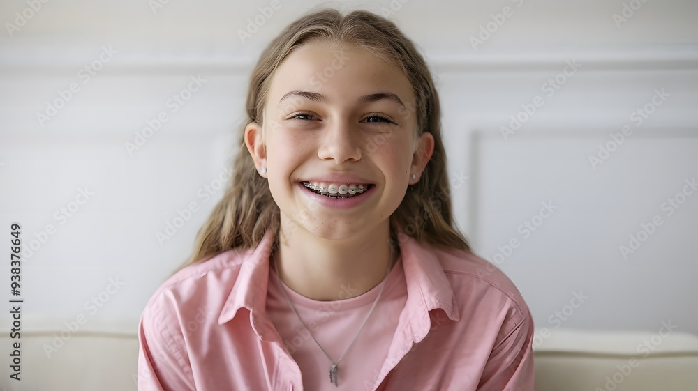 A photo of a smiling girl with braces. She is wearing a pink shirt and a necklace. The background is a bright pink wall. A photo of a smiling girl with braces. She is wearing a pink shirt and a necklace. The background is a bright pink wall.
