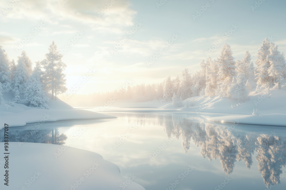 Winter landscape with a frozen lake and snow covered trees. winter Christmas and New Year card and background for greeting, banner, poster, template Winter landscape with a frozen lake and snow covered trees. winter Christmas and New Year card and background for greeting, banner, poster, template
