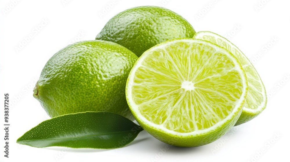 Close-up of whole and halved limes with green leaves isolated on white background. Close-up of whole and halved limes with green leaves isolated on white background.