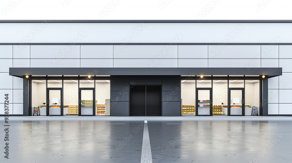 Obraz premium A large white building with a dark gray awning and several shop windows faces a parking lot.