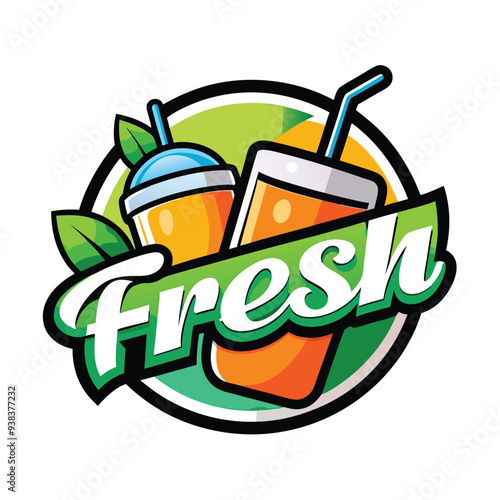 Vector logo with calligraphic inscription Fresh juice with green leaves and drops on black background