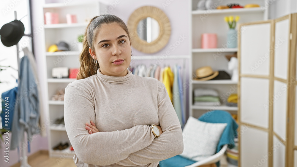 A confident young woman stands with folded arms in a modern dressing room full of fashionable clothing. A confident young woman stands with folded arms in a modern dressing room full of fashionable clothing.