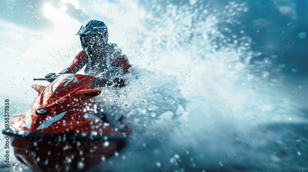 Naklejka premium A person rides a jet ski in calm water