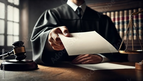 Judge handing over a legal document in a courtroom during a formal hearing photo