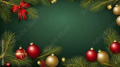 Design a Christmas-themed banner with hanging golden ornaments, pine cones, gift boxes, and lush green pine needles against a dark green backdrop, giving a sense of holiday cheer.