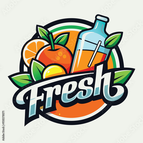 Vector logo with calligraphic inscription Fresh juice with green leaves and drops on black background