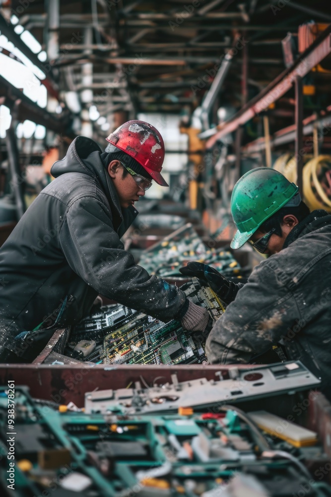 Two workers in a industrial setting, probably in a manufacturing process Two workers in a industrial setting, probably in a manufacturing process