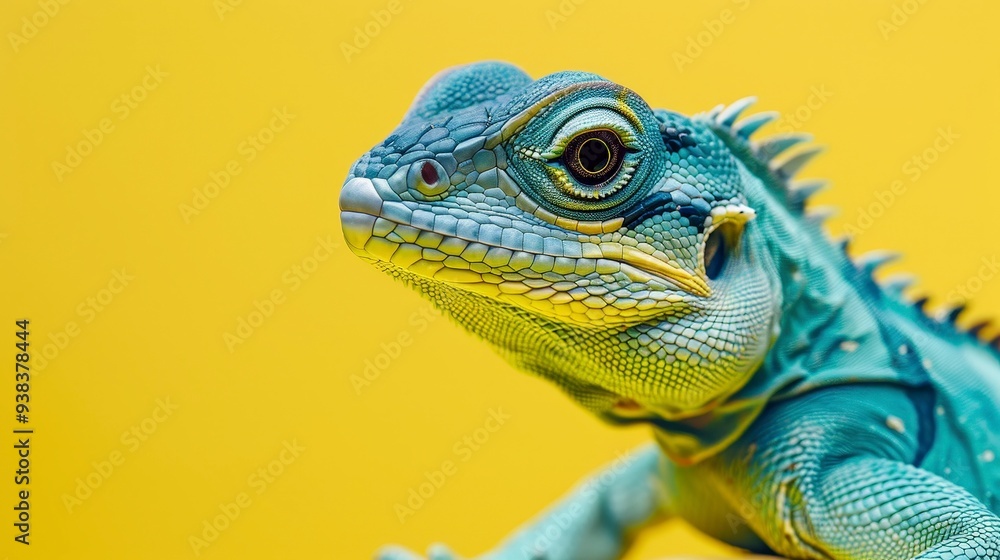 Close-up of a green iguana's head with a yellow background. Close-up of a green iguana's head with a yellow background.
