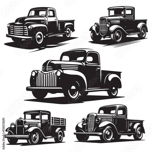 Classic Hauler Vintage Pickup Emblem Retro Rides Black Truck Icon Bundle, Vintage Pickup Truck Logo Monochrome Design Style