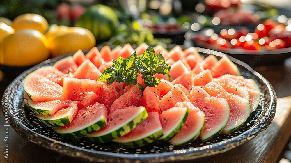 sliced watermelon on a wooden board, ready to be served. The vibrant red and green colors create a refreshing summer vibe, with blurred outdoor background adding depth sliced watermelon on a wooden board, ready to be served. The vibrant red and green colors create a refreshing summer vibe, with blurred outdoor background adding depth