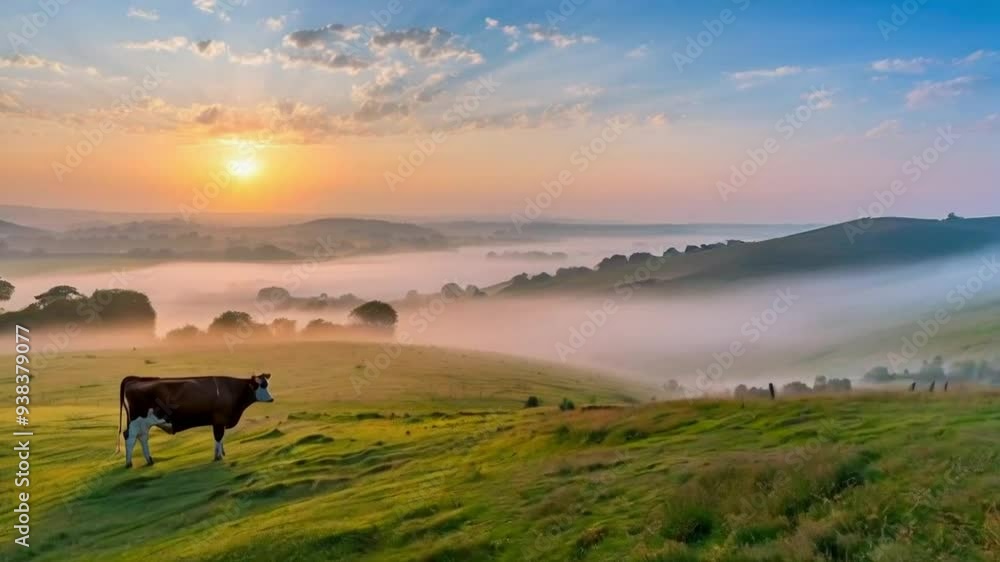Cow Grazing in the Meadow Early in the Morning at Dawn, Peaceful and Idyllic, Against a Serene Natural Backdrop Cow Grazing in the Meadow Early in the Morning at Dawn, Peaceful and Idyllic, Against a Serene Natural Backdrop