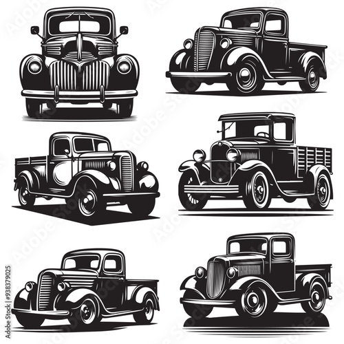 Classic Hauler Vintage Pickup Emblem Retro Rides Black Truck Icon Bundle, Vintage Pickup Truck Logo Monochrome Design Style