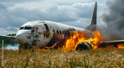 A passenger plane crashed and caught fire in a field, copy space. Concept of airplane crash, crash. photo