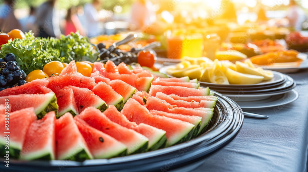 sliced watermelon on a wooden board, ready to be served. The vibrant red and green colors create a refreshing summer vibe, with blurred outdoor background adding depth sliced watermelon on a wooden board, ready to be served. The vibrant red and green colors create a refreshing summer vibe, with blurred outdoor background adding depth