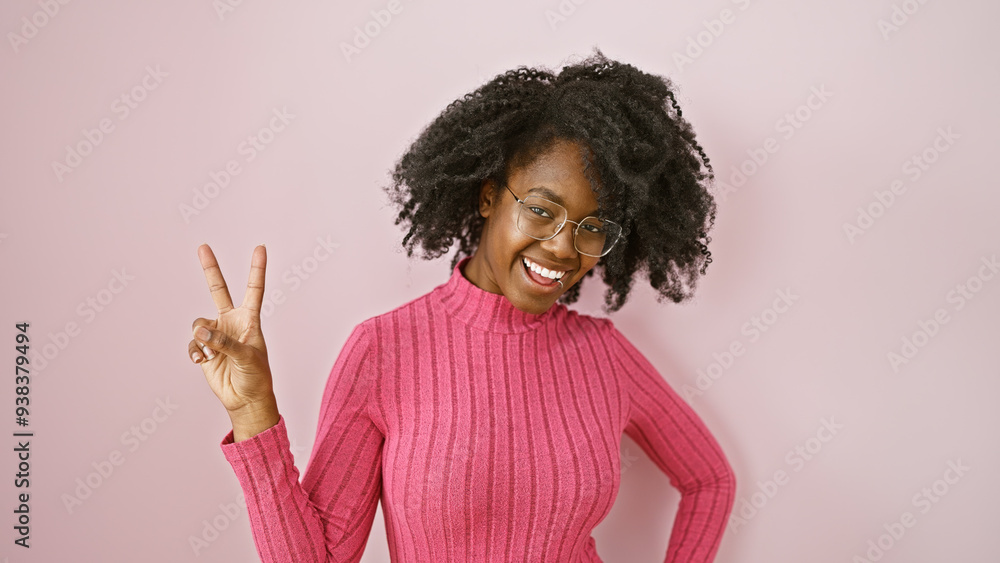 A cheerful african american woman in glasses and a pink sweater poses with a peace sign in a plain indoor setting. A cheerful african american woman in glasses and a pink sweater poses with a peace sign in a plain indoor setting.