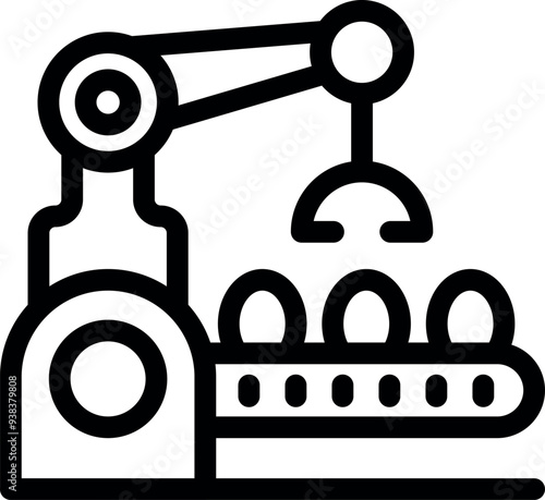 Icon of a robotic arm moving eggs on a conveyor belt, depicting automation in the food industry