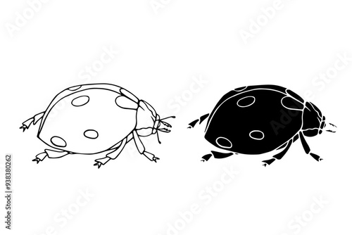 Line sketch, silhouette, stamp of a winged insect ladybug. Vector graphics.