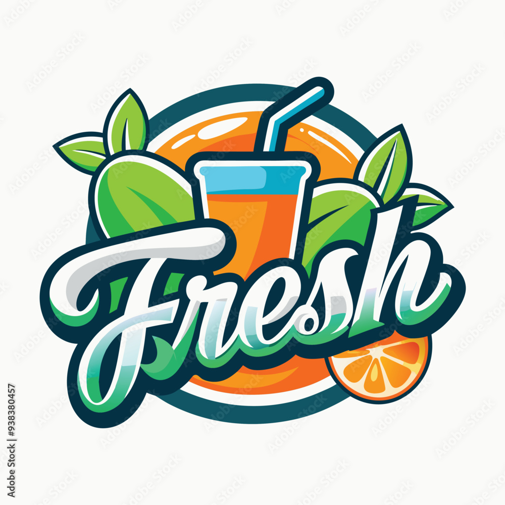 Naklejka premium Vector logo with calligraphic inscription Fresh juice with green leaves and drops on black background