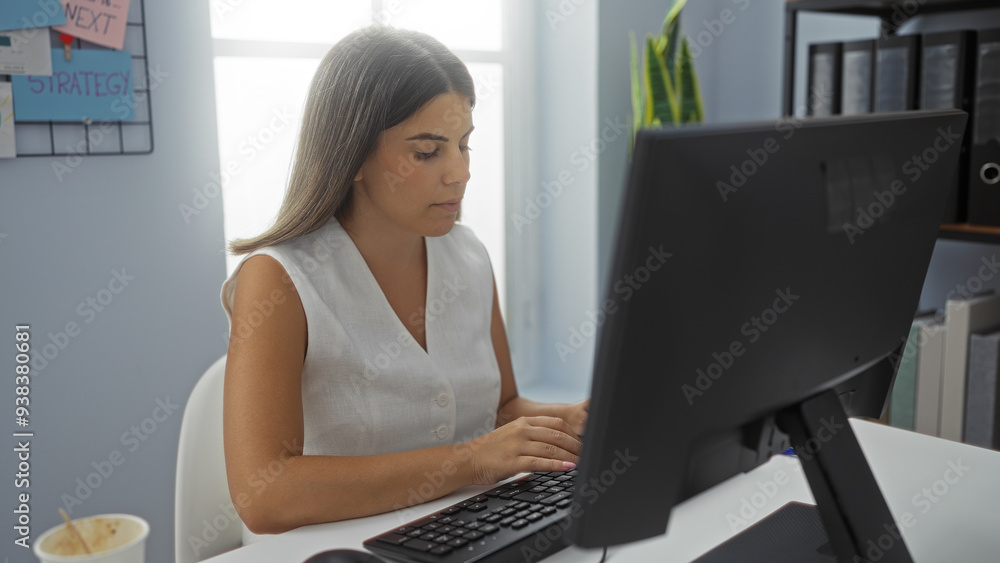 Young woman working on a computer in a modern office setting during daytime, focusing intently on her task at her workstation with various office items around her. Young woman working on a computer in a modern office setting during daytime, focusing intently on her task at her workstation with various office items around her.