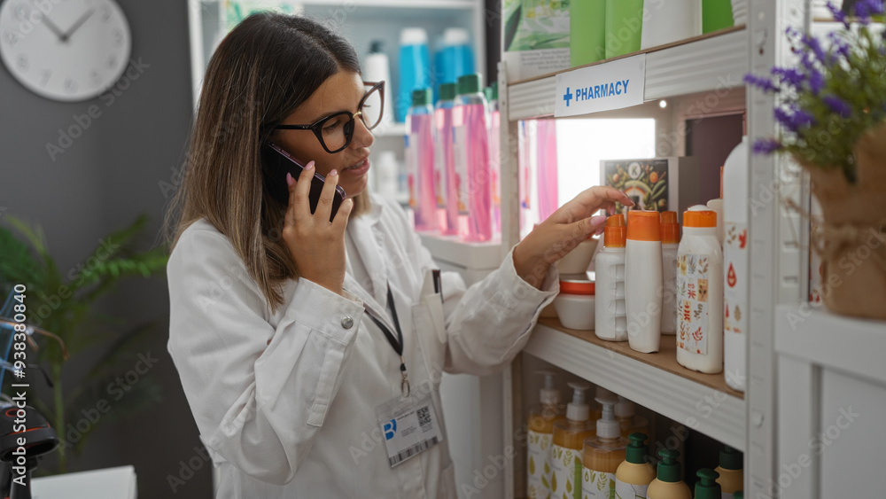 Woman talking on the phone while arranging products on a shelf in a pharmacy store. Woman talking on the phone while arranging products on a shelf in a pharmacy store.