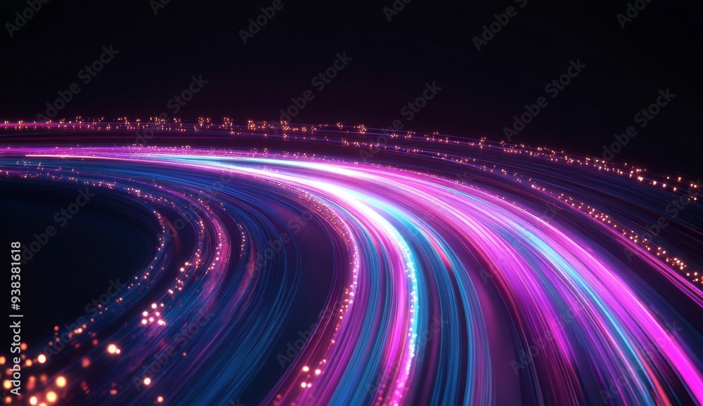 Vertical AI Illustration of an Abstract Light Trail with Neon Colors, Representing Speed and Technology in Data Transfer for Network Marketing