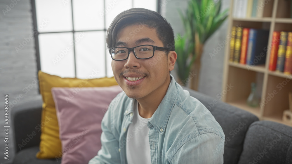 Fototapeta premium A cheerful young asian man wearing glasses smiles warmly in a cozy, well-decorated living room setting.