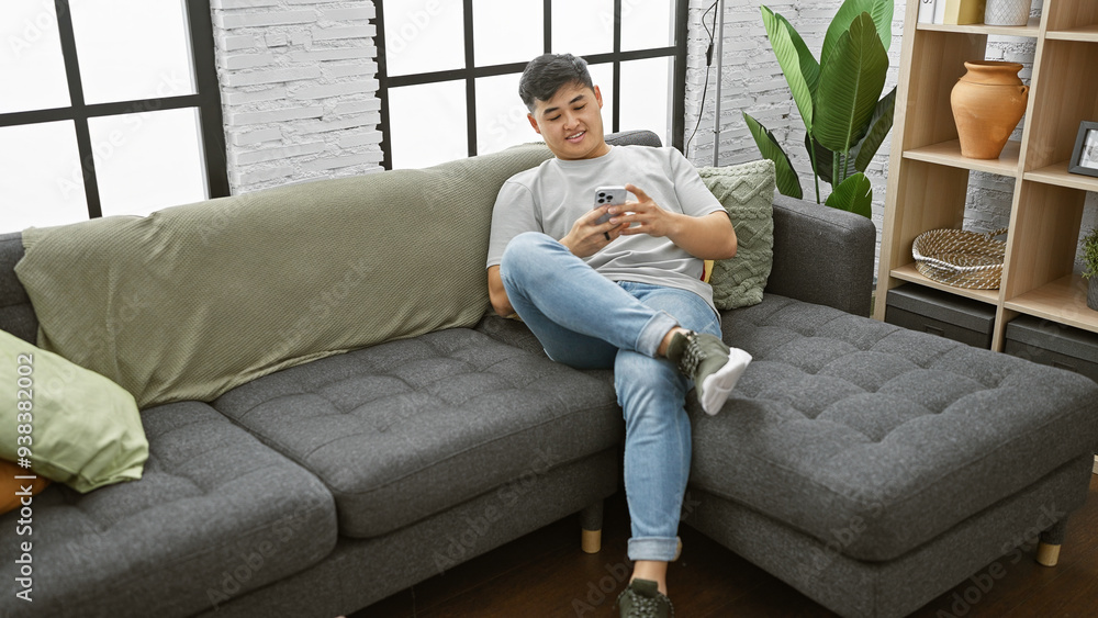 A young asian man lounges on a grey sofa using a smartphone in a modern apartment living room A young asian man lounges on a grey sofa using a smartphone in a modern apartment living room